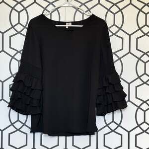 C. est 1946 Black Blouse Size M Keyhole Ruffle Sleeves